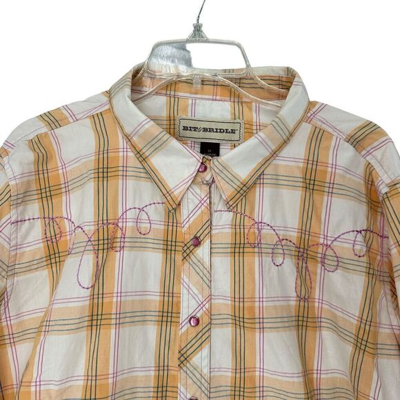 Bit Bridle Western Pearl Snap Shirt XXL Yellow Plaid Pink Embroidered Cowgirl - Picture 3 of 10
